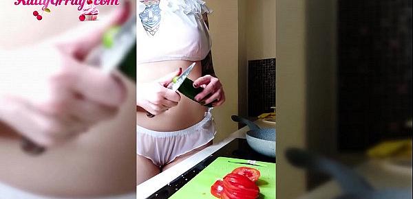 Horny Tattooed Teen Passionate Fingering in the Morning While Cooking